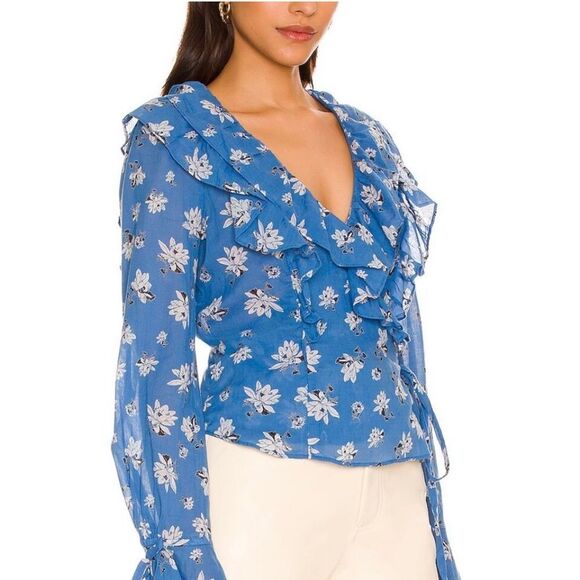 Free People Amanda Ruffle Detail Wrap-Style Blouse in Blue Floral XS - Picture 2 of 13